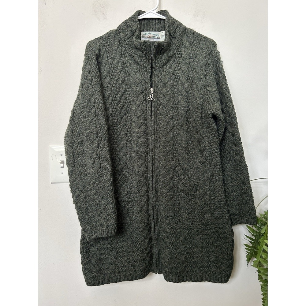 Aran Crafts Irish Merino Wool Cable Knit Zip Cardigan Sweater Green Women Cozy